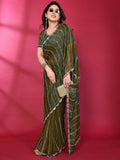 Radiant Green Striped Pattern Satin Silk Saree Featuring Intricate Sequins & Beads Embellishment