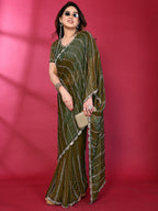 Radiant Green Striped Pattern Satin Silk Saree Featuring Intricate Sequins & Beads Embellishment