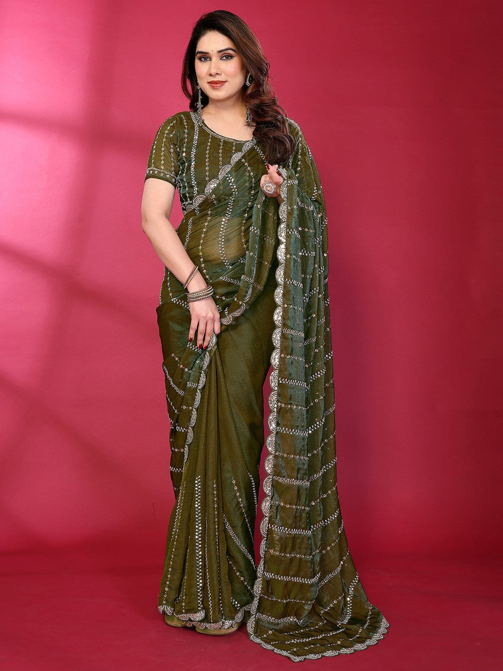 Radiant Green Striped Pattern Satin Silk Saree Featuring Intricate Sequins & Beads Embellishment