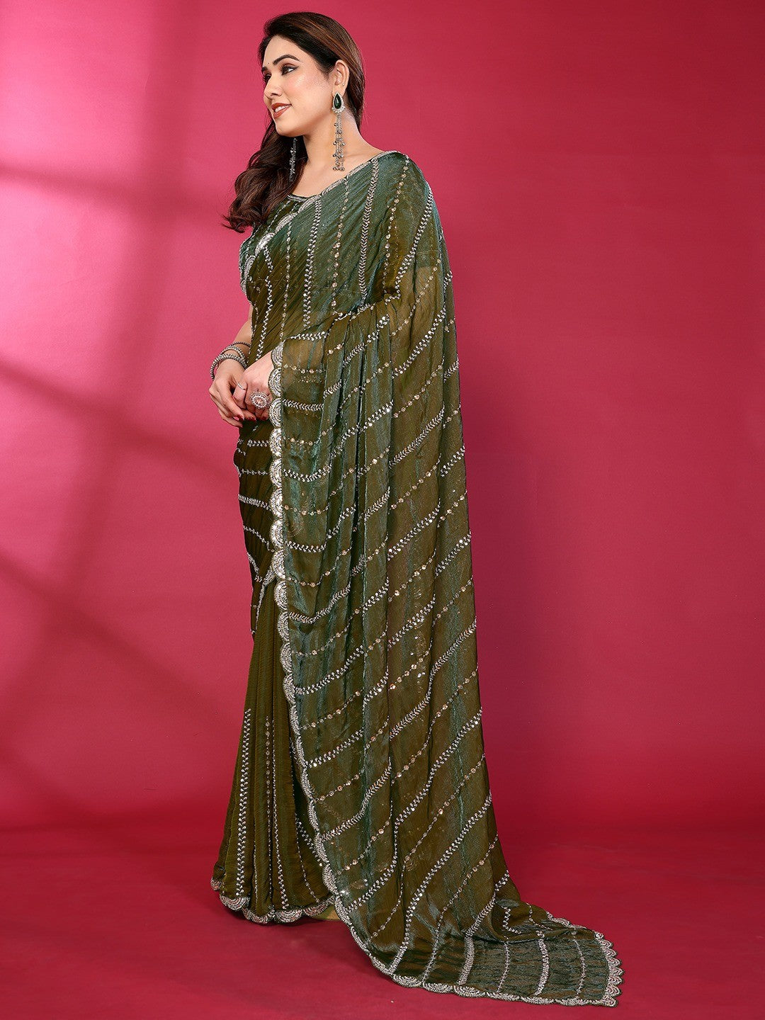 Radiant Green Striped Pattern Satin Silk Saree Featuring Intricate Sequins & Beads Embellishment