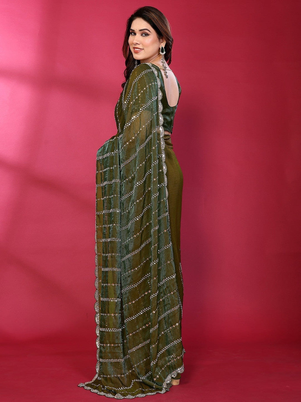 Radiant Green Striped Pattern Satin Silk Saree Featuring Intricate Sequins & Beads Embellishment