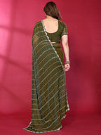 Radiant Green Striped Pattern Satin Silk Saree Featuring Intricate Sequins & Beads Embellishment