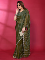 Radiant Green Striped Pattern Satin Silk Saree Featuring Intricate Sequins & Beads Embellishment