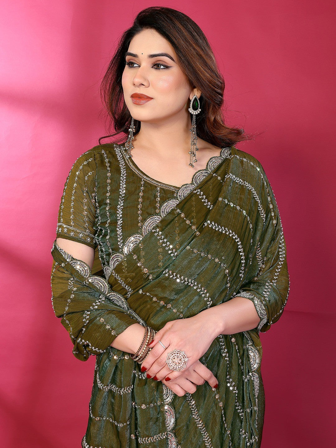 Radiant Green Striped Pattern Satin Silk Saree Featuring Intricate Sequins & Beads Embellishment