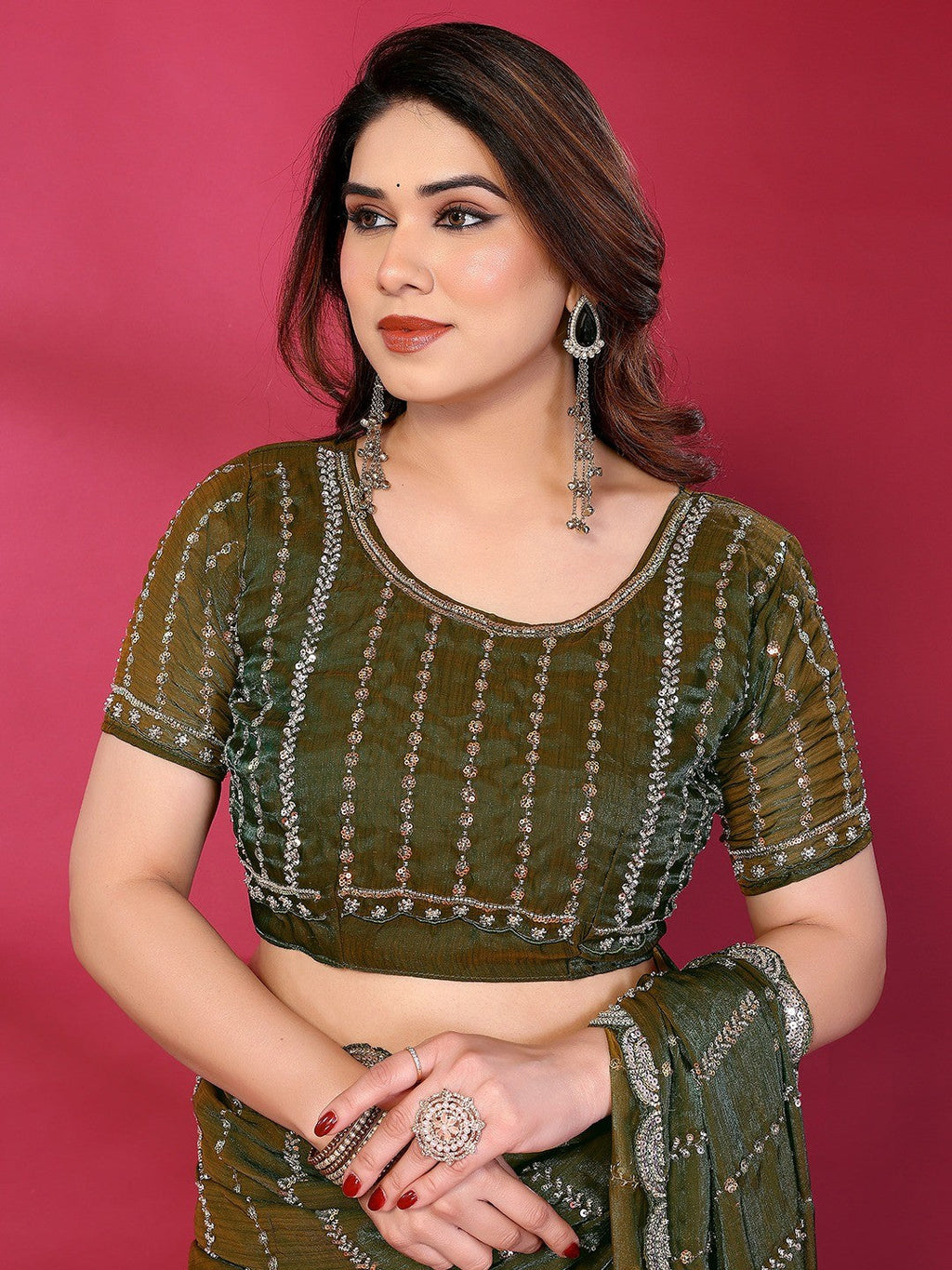 Radiant Green Striped Pattern Satin Silk Saree Featuring Intricate Sequins & Beads Embellishment