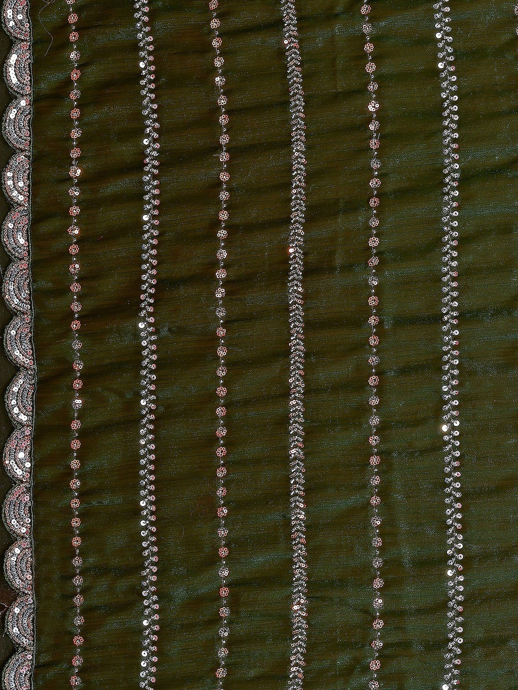 Radiant Green Striped Pattern Satin Silk Saree Featuring Intricate Sequins & Beads Embellishment