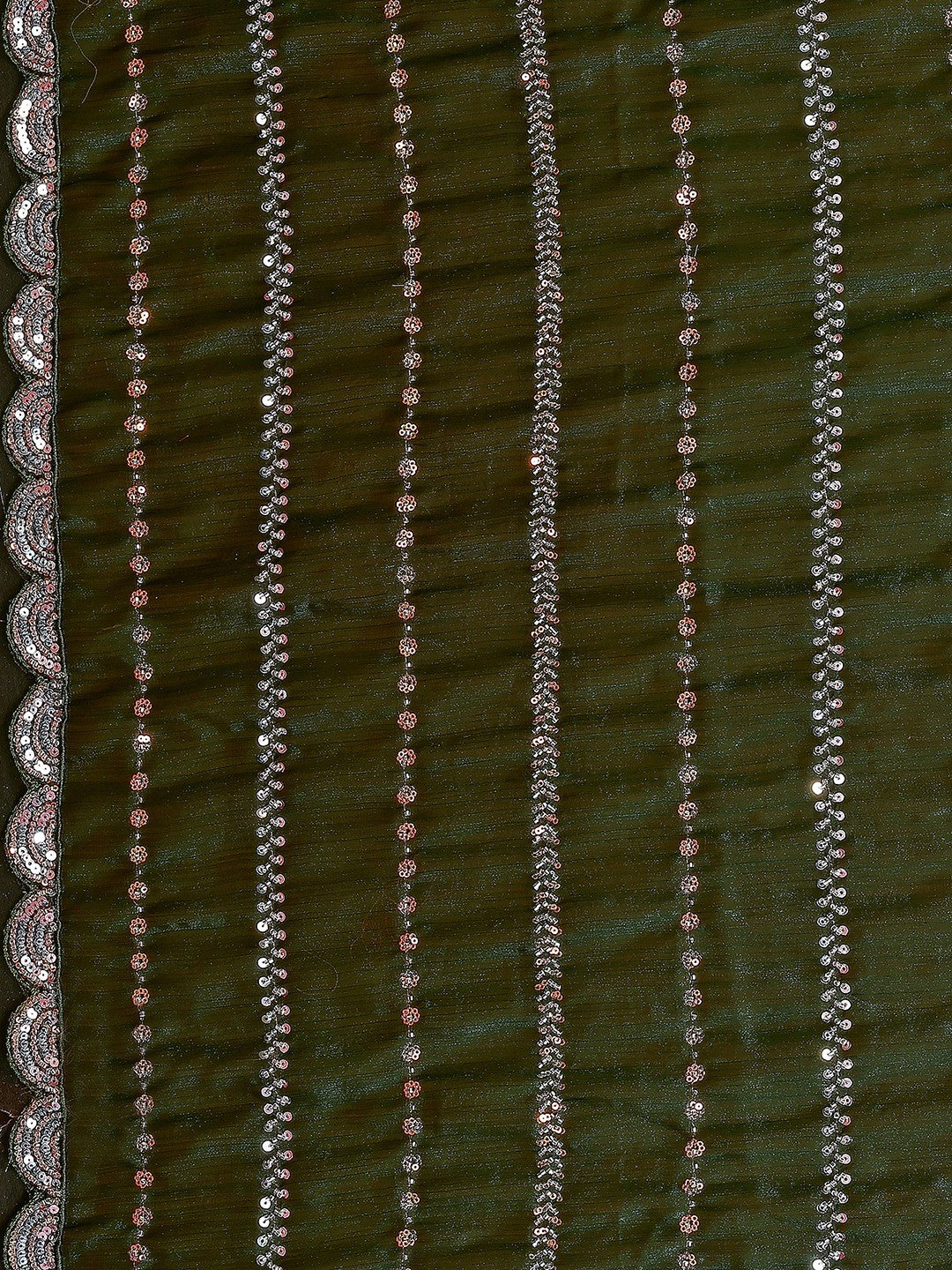 Radiant Green Striped Pattern Satin Silk Saree Featuring Intricate Sequins & Beads Embellishment