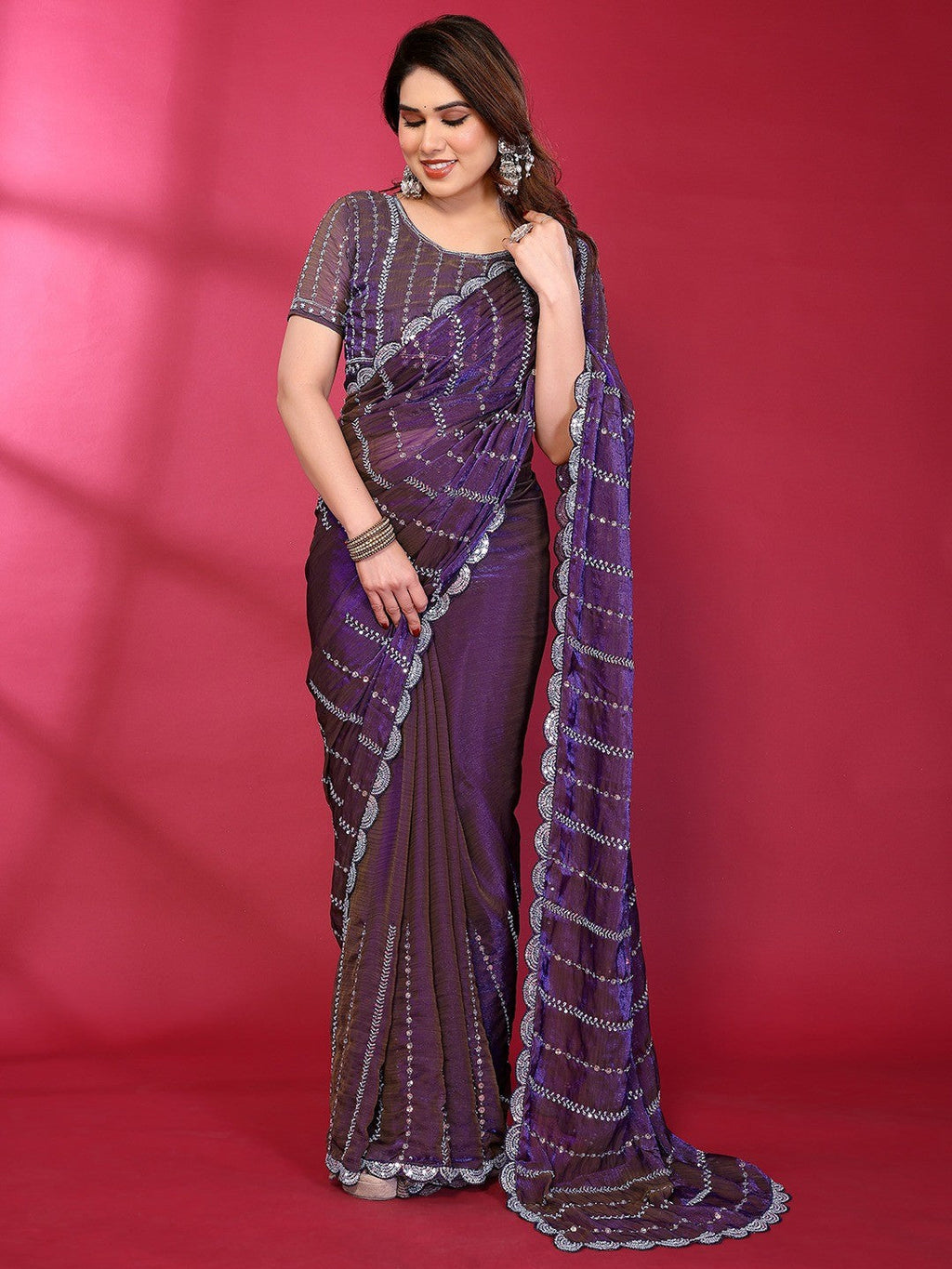 Radiant Purple Striped Pattern Satin Silk Saree Featuring Intricate Sequins & Beads Embellishment