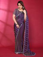 Radiant Purple Striped Pattern Satin Silk Saree Featuring Intricate Sequins & Beads Embellishment