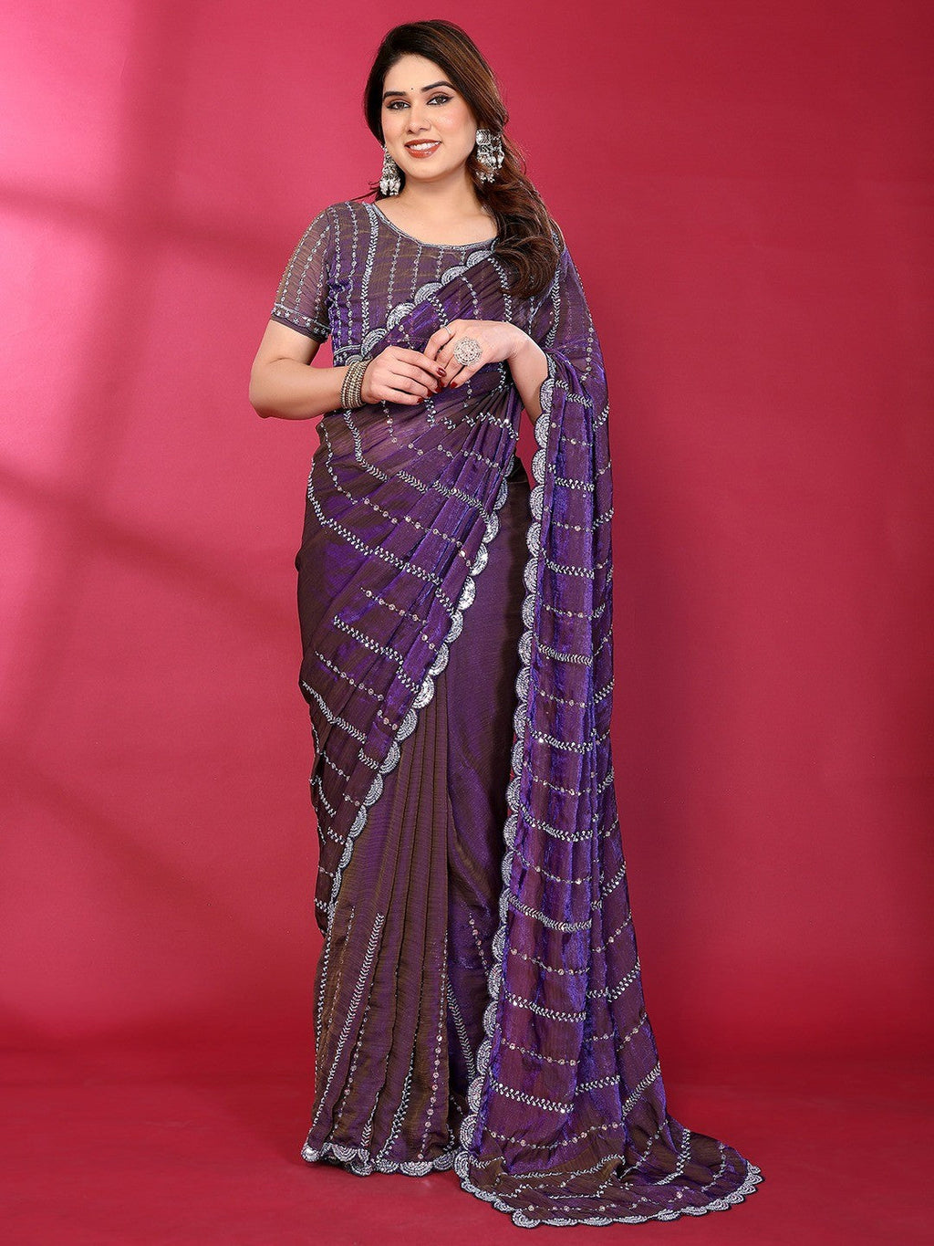Radiant Purple Striped Pattern Satin Silk Saree Featuring Intricate Sequins & Beads Embellishment