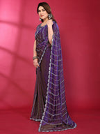Radiant Purple Striped Pattern Satin Silk Saree Featuring Intricate Sequins & Beads Embellishment