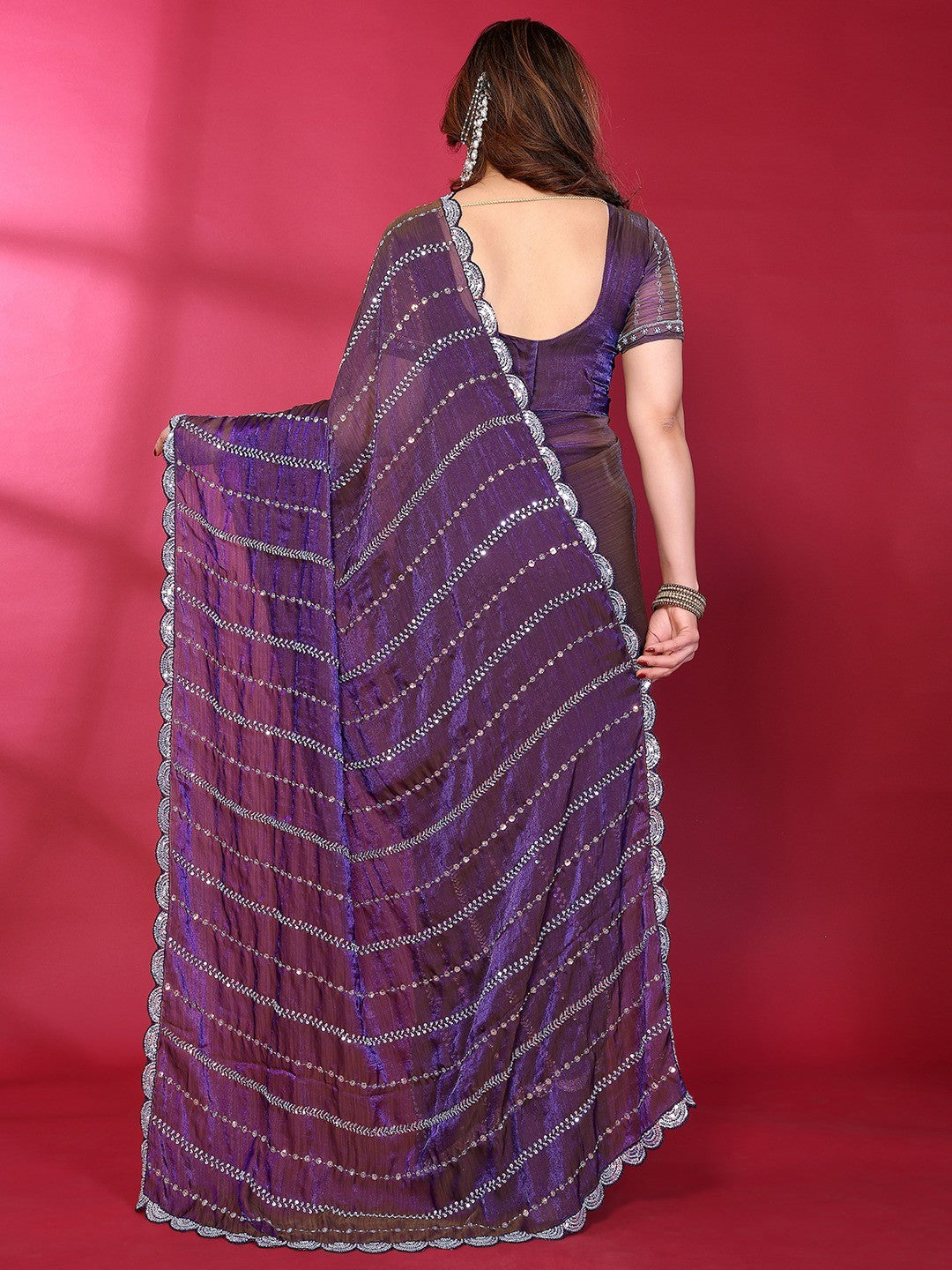 Radiant Purple Striped Pattern Satin Silk Saree Featuring Intricate Sequins & Beads Embellishment
