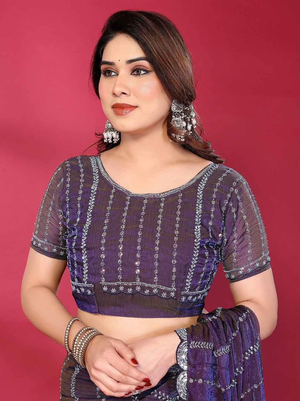 Radiant Purple Striped Pattern Satin Silk Saree Featuring Intricate Sequins & Beads Embellishment