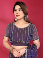 Radiant Purple Striped Pattern Satin Silk Saree Featuring Intricate Sequins & Beads Embellishment