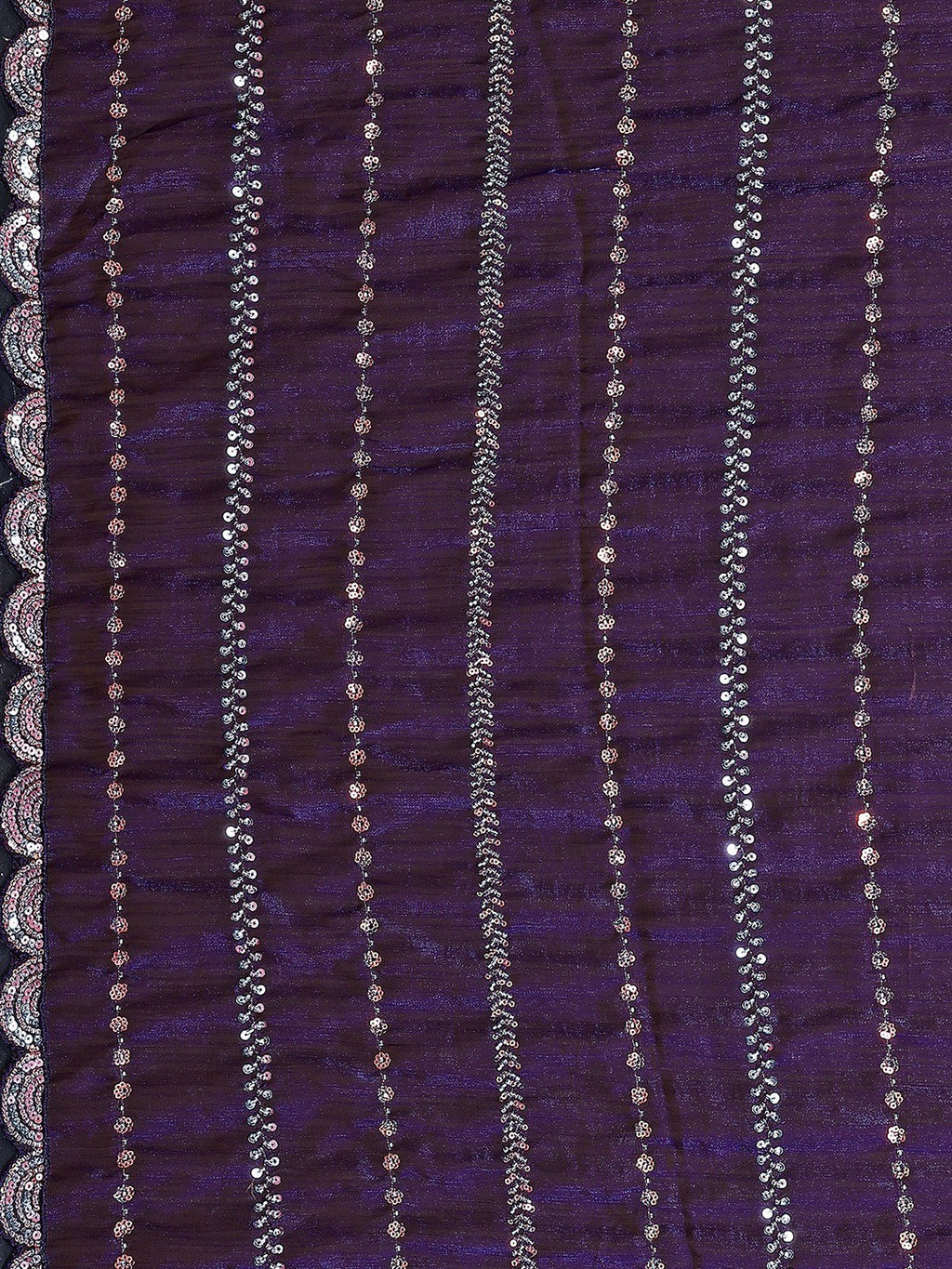 Radiant Purple Striped Pattern Satin Silk Saree Featuring Intricate Sequins & Beads Embellishment