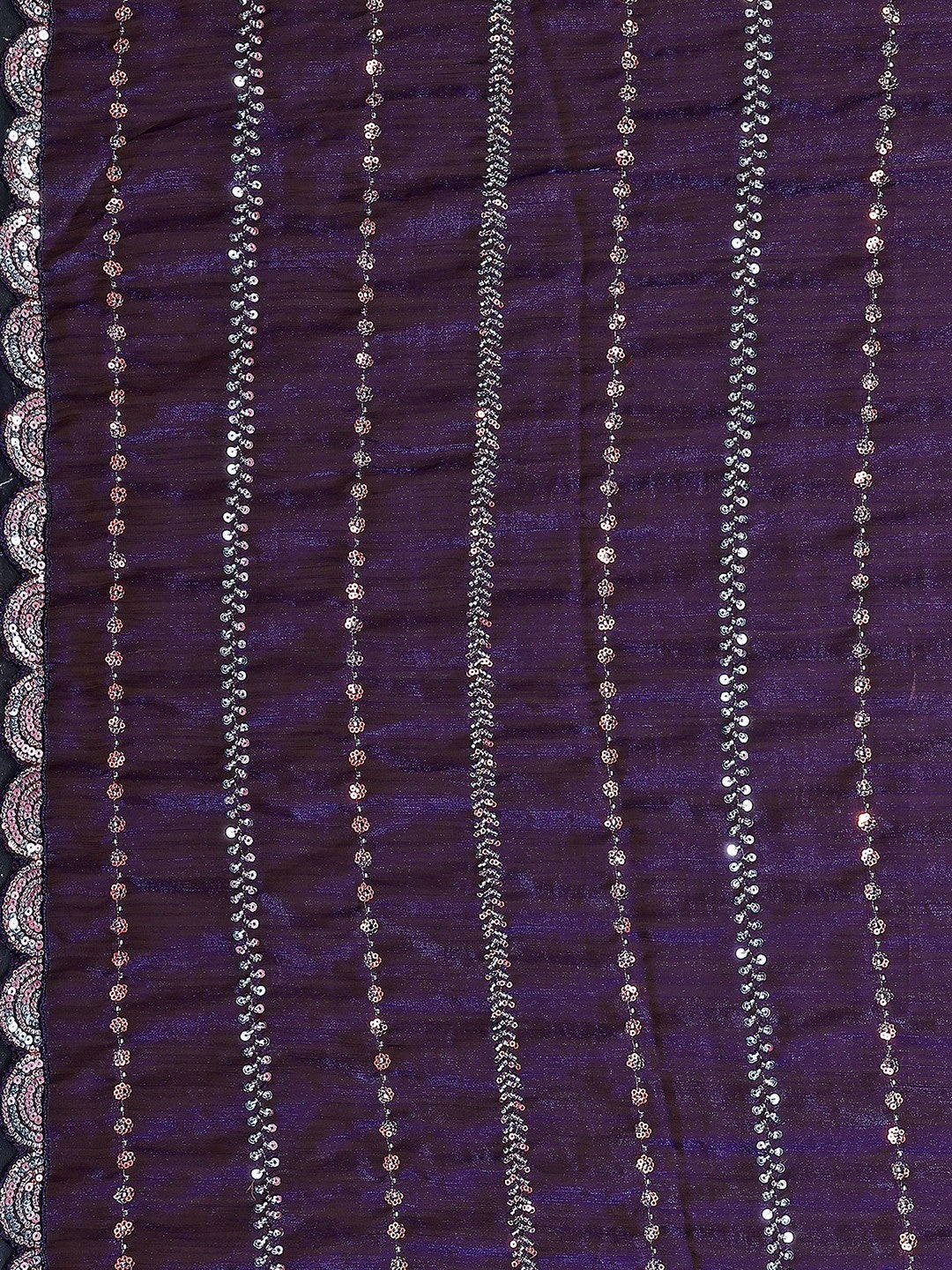Radiant Purple Striped Pattern Satin Silk Saree Featuring Intricate Sequins & Beads Embellishment