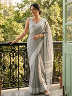 Grey Linen Saree with Silver Zari Border Stylish Lightweight Ethnic Outfit