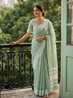 Rama Green Linen Saree with Silver Zari Border Stylish Lightweight Ethnic Outfit