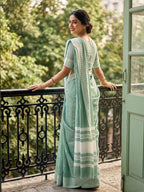 Rama Green Linen Saree with Silver Zari Border Stylish Lightweight Ethnic Outfit