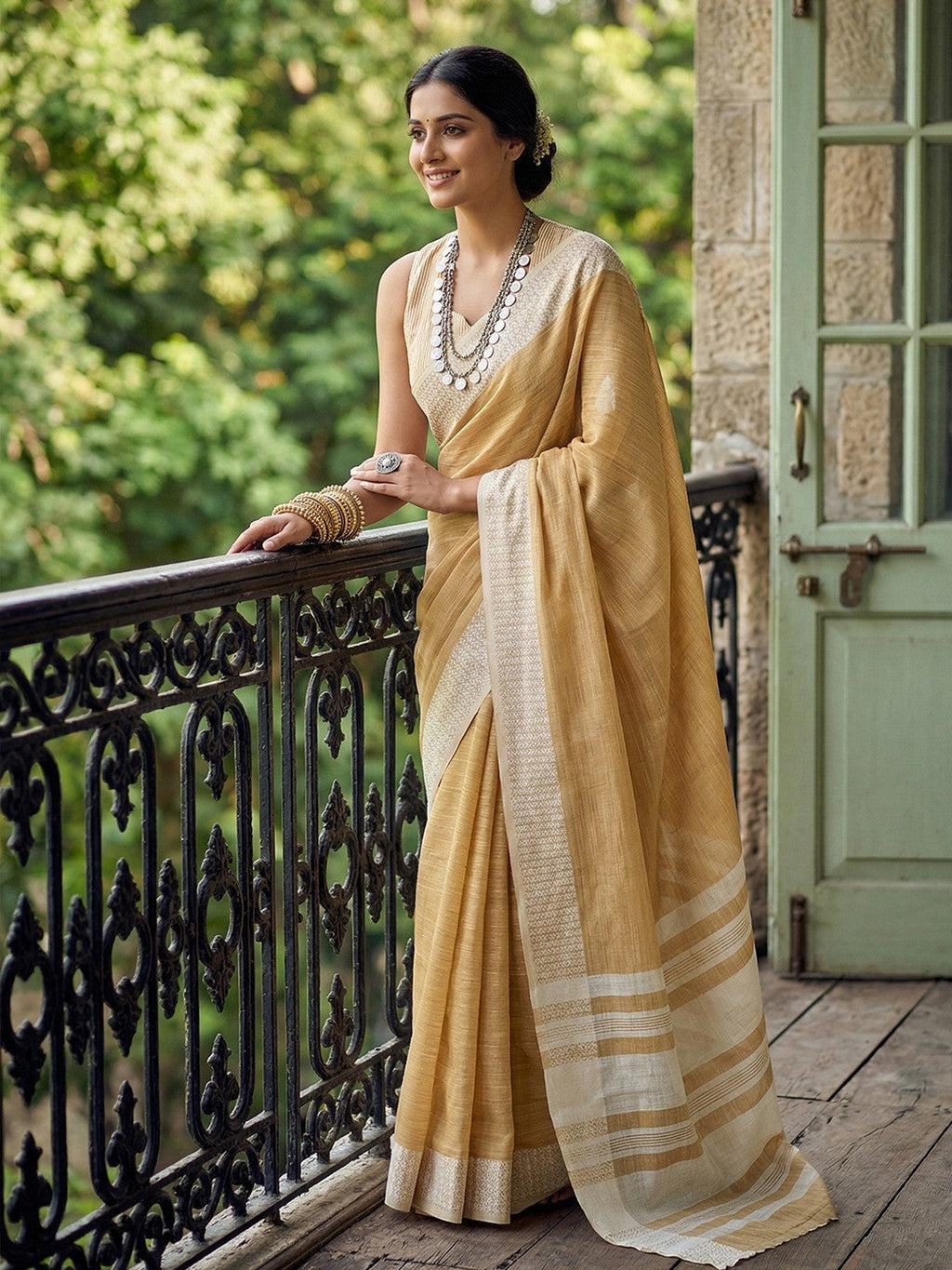 Stylish Mustard Linen Saree with Silver Border Lightweight Festive Wear