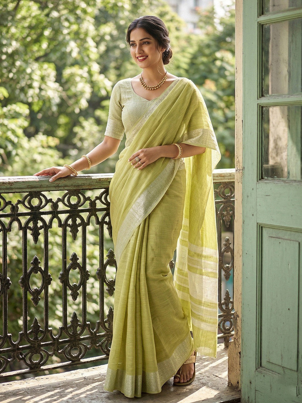 Green Linen Saree with Silver Zari Border Stylish Lightweight Ethnic Outfit