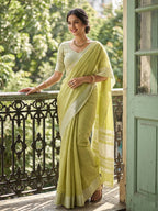 Green Linen Saree with Silver Zari Border Stylish Lightweight Ethnic Outfit