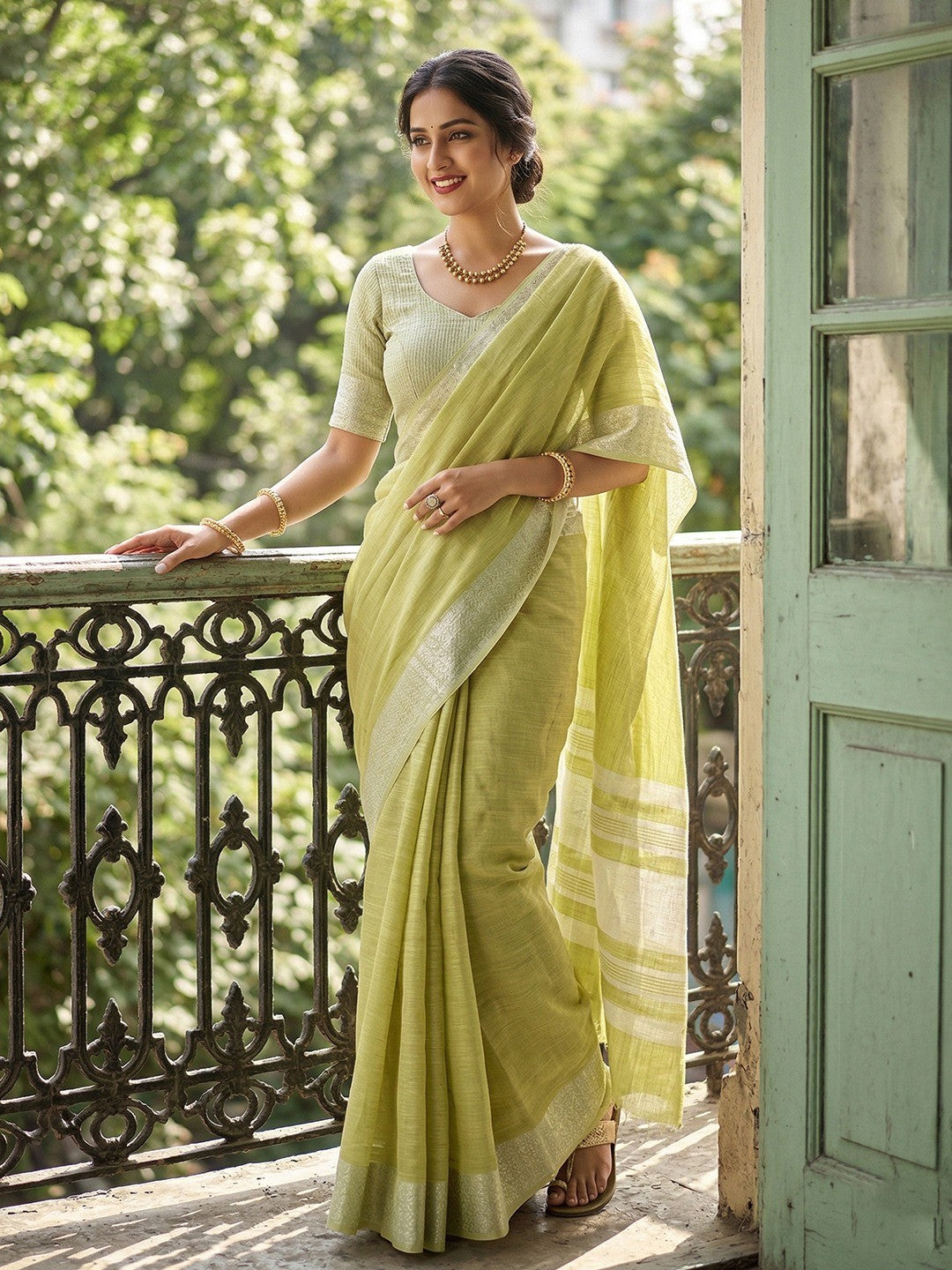 Green Linen Saree with Silver Zari Border Stylish Lightweight Ethnic Outfit