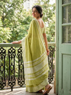 Green Linen Saree with Silver Zari Border Stylish Lightweight Ethnic Outfit