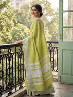 Green Linen Saree with Silver Zari Border Stylish Lightweight Ethnic Outfit