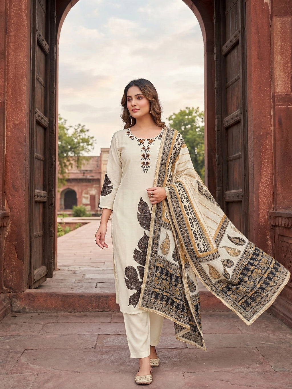 Cream Viscose Floral Embroidered Salwar Suit with Dupatta Ethnic Wear