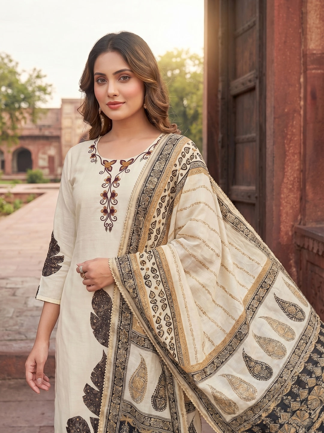 Cream Viscose Floral Embroidered Salwar Suit with Dupatta Ethnic Wear