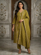 Olive Viscose A-Line Salwar Suit for Women with Delicate Embroidery For Elegant Ethnic Wear