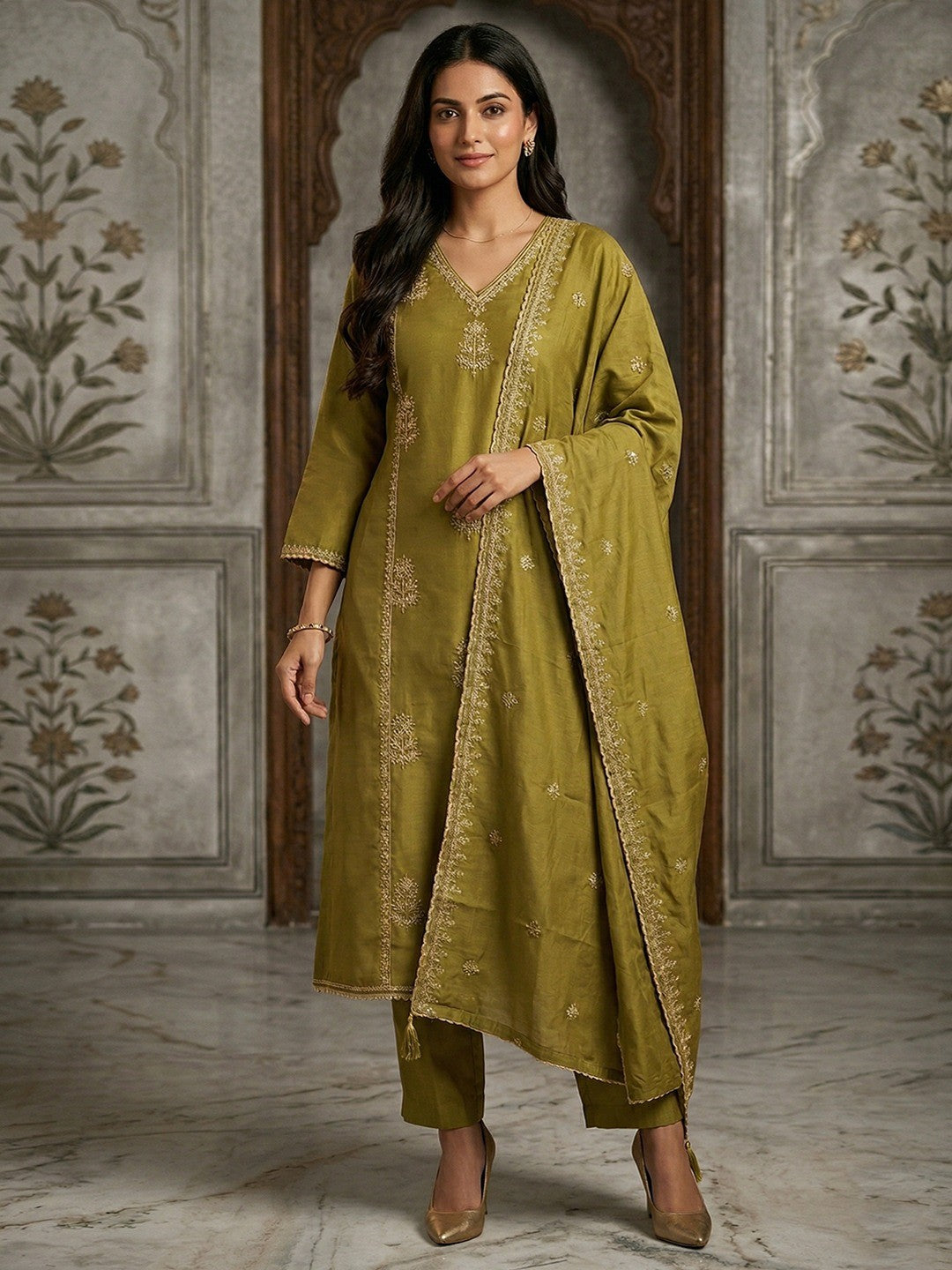 Olive Viscose A-Line Salwar Suit for Women with Delicate Embroidery For Elegant Ethnic Wear