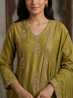 Olive Viscose A-Line Salwar Suit for Women with Delicate Embroidery For Elegant Ethnic Wear