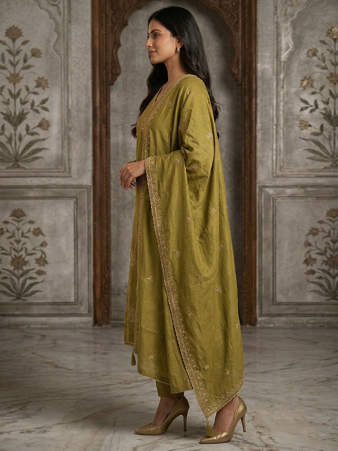 Olive Viscose A-Line Salwar Suit for Women with Delicate Embroidery For Elegant Ethnic Wear