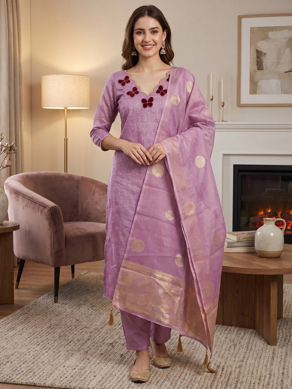 Premium Lavender Striped Weaving Silk Blend Dress Material Enhanced with Beads & Moti Hand Work