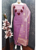 Premium Lavender Striped Weaving Silk Blend Dress Material Enhanced with Beads & Moti Hand Work