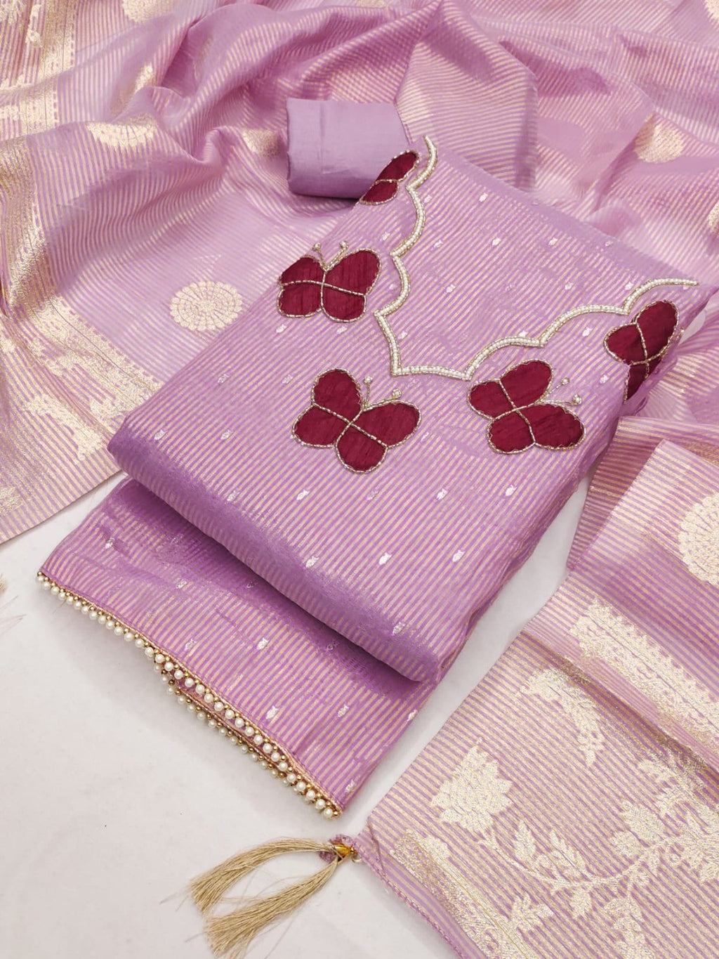Premium Lavender Striped Weaving Silk Blend Dress Material Enhanced with Beads & Moti Hand Work