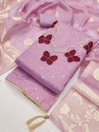 Premium Lavender Striped Weaving Silk Blend Dress Material Enhanced with Beads & Moti Hand Work
