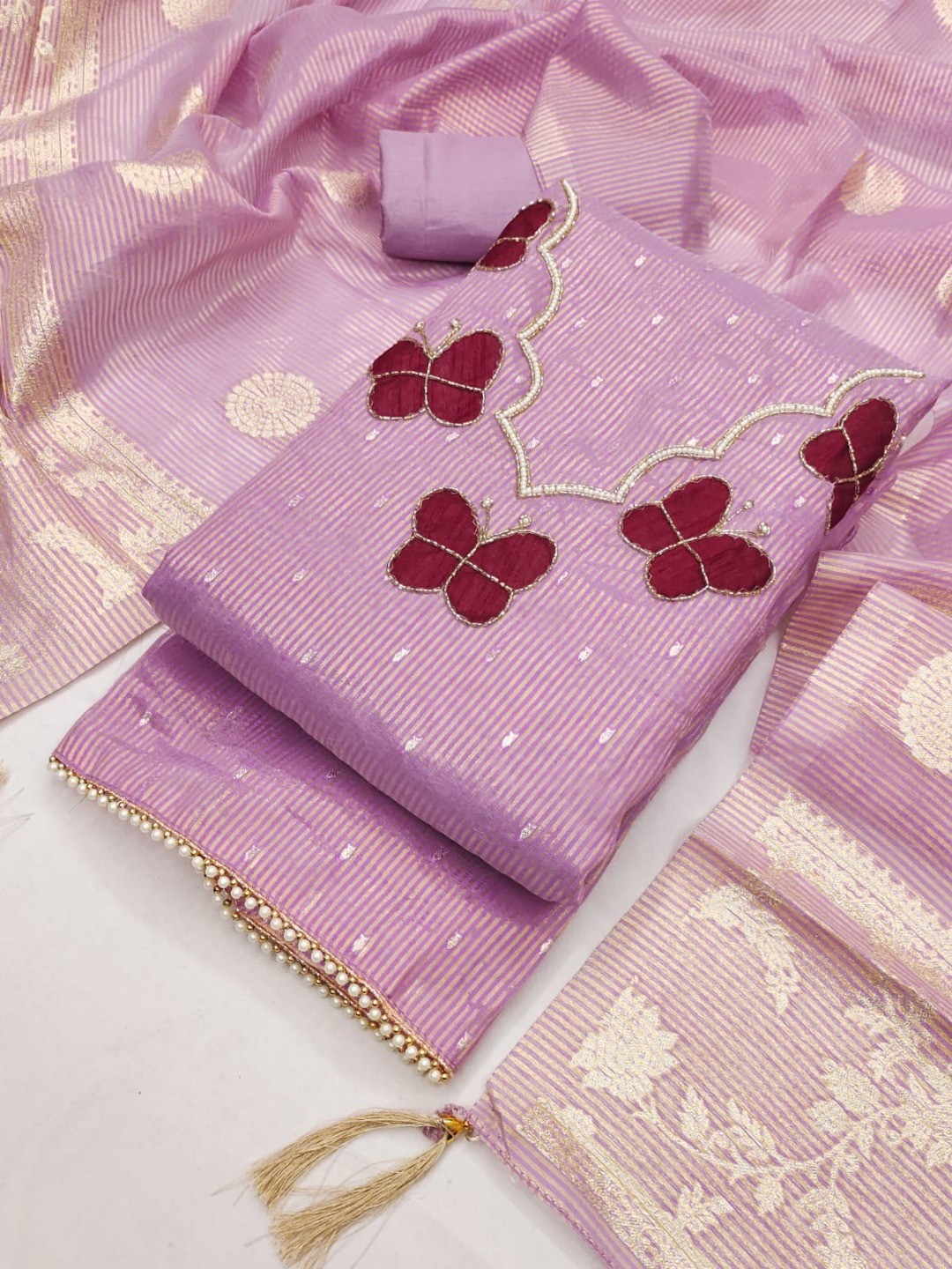 Premium Lavender Striped Weaving Silk Blend Dress Material Enhanced with Beads & Moti Hand Work