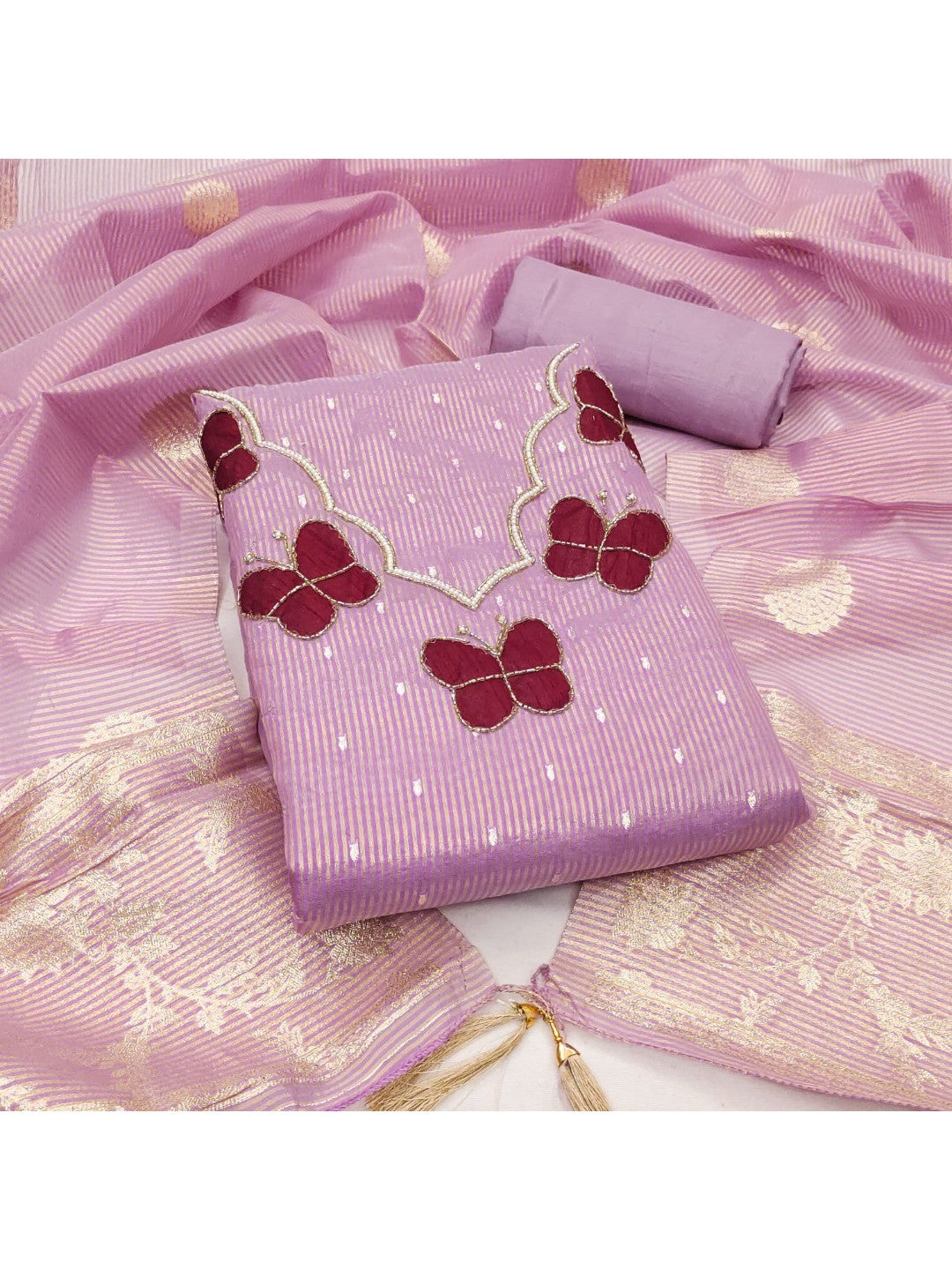Premium Lavender Striped Weaving Silk Blend Dress Material Enhanced with Beads & Moti Hand Work