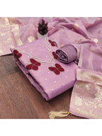 Premium Lavender Striped Weaving Silk Blend Dress Material Enhanced with Beads & Moti Hand Work