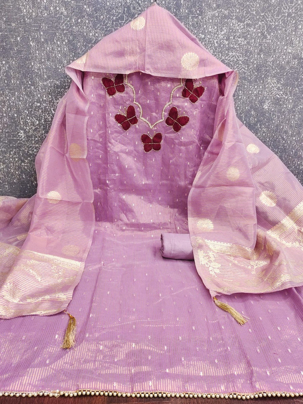Premium Lavender Striped Weaving Silk Blend Dress Material Enhanced with Beads & Moti Hand Work