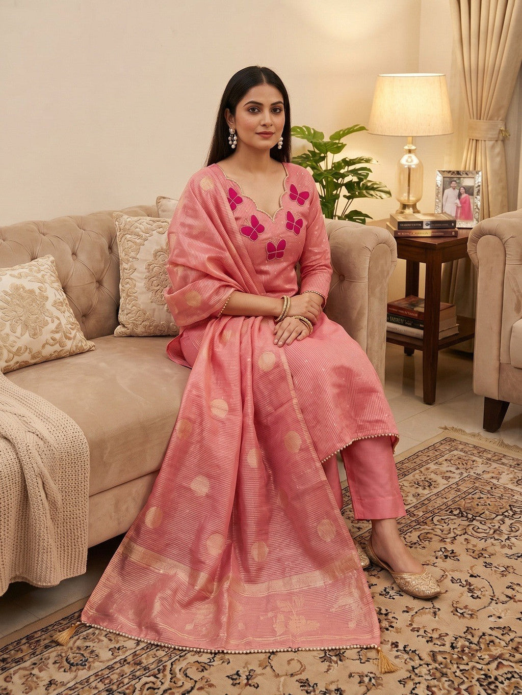 Premium Pink Striped Weaving Silk Blend Dress Material Enhanced with Beads & Moti Hand Work