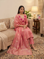 Premium Pink Striped Weaving Silk Blend Dress Material Enhanced with Beads & Moti Hand Work