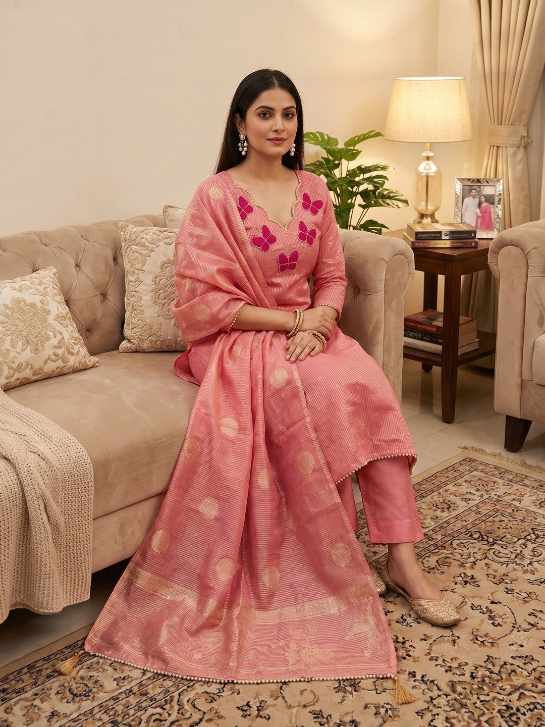 Premium Pink Striped Weaving Silk Blend Dress Material Enhanced with Beads & Moti Hand Work
