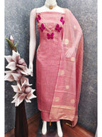 Premium Pink Striped Weaving Silk Blend Dress Material Enhanced with Beads & Moti Hand Work