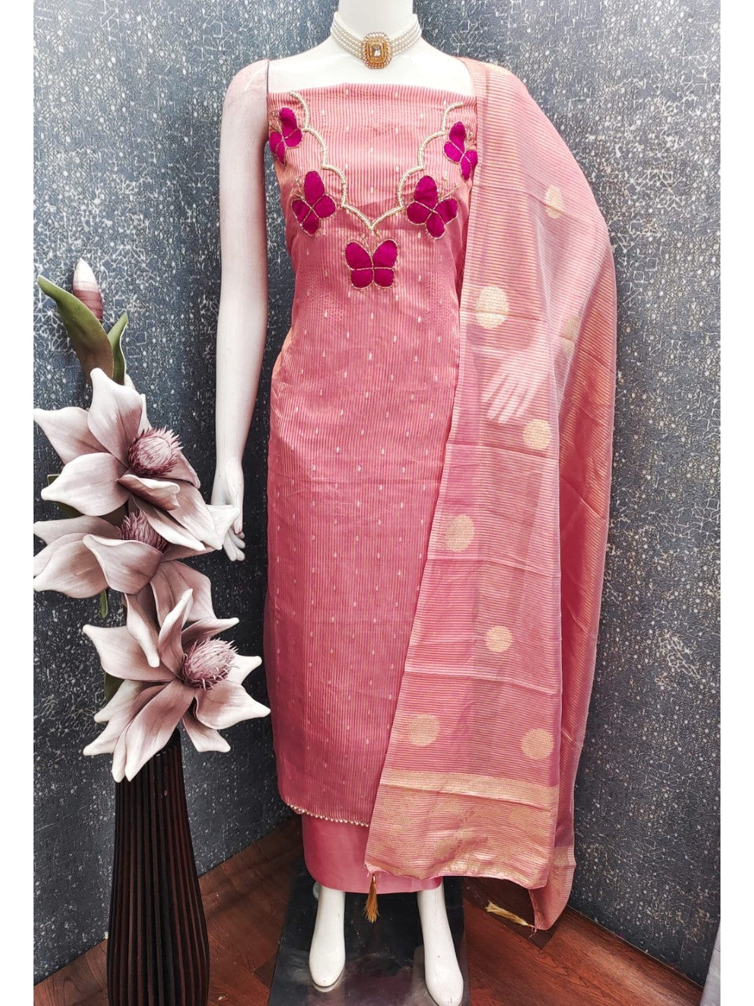 Premium Pink Striped Weaving Silk Blend Dress Material Enhanced with Beads & Moti Hand Work