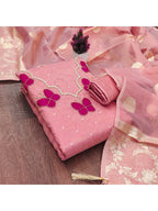 Premium Pink Striped Weaving Silk Blend Dress Material Enhanced with Beads & Moti Hand Work