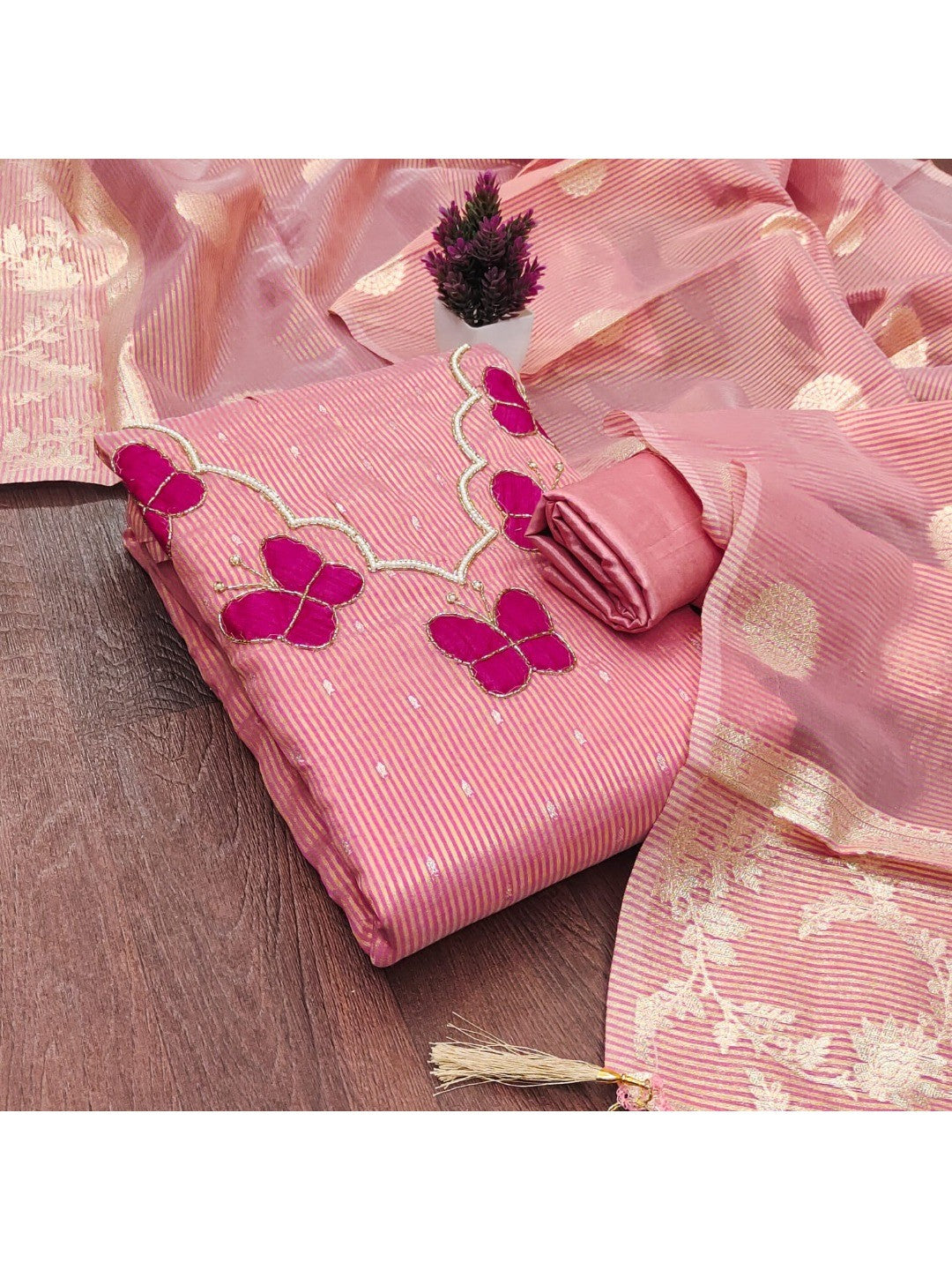 Premium Pink Striped Weaving Silk Blend Dress Material Enhanced with Beads & Moti Hand Work